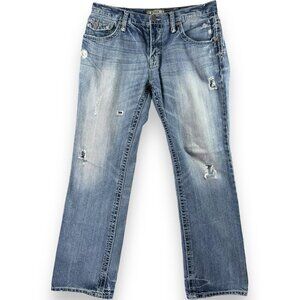 BKE Jeans Mens 33 L Blue Denim Derek Boot Cut Thick Stitch Distressed Pants